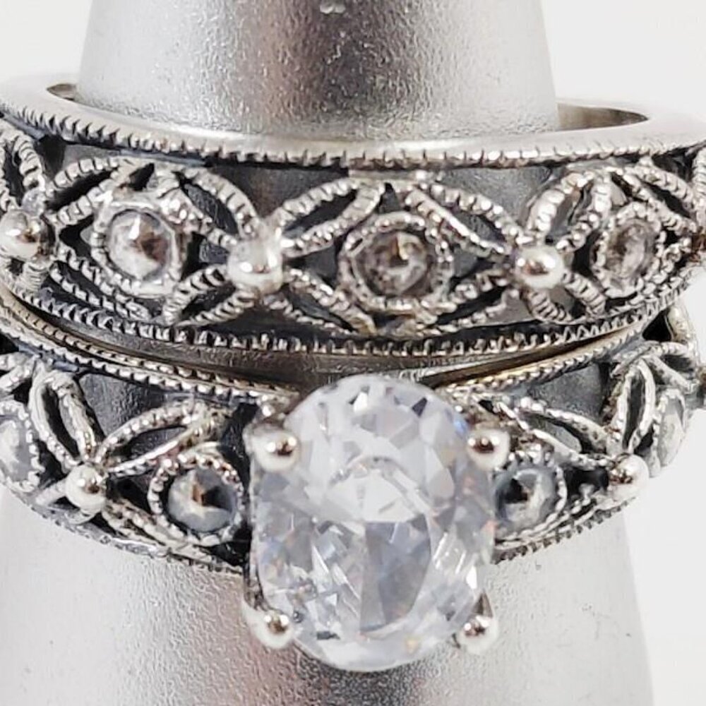 RJ 925 Silver Open Cut Filigree Floral CZ Wedding Band Ring Set Sz 6
